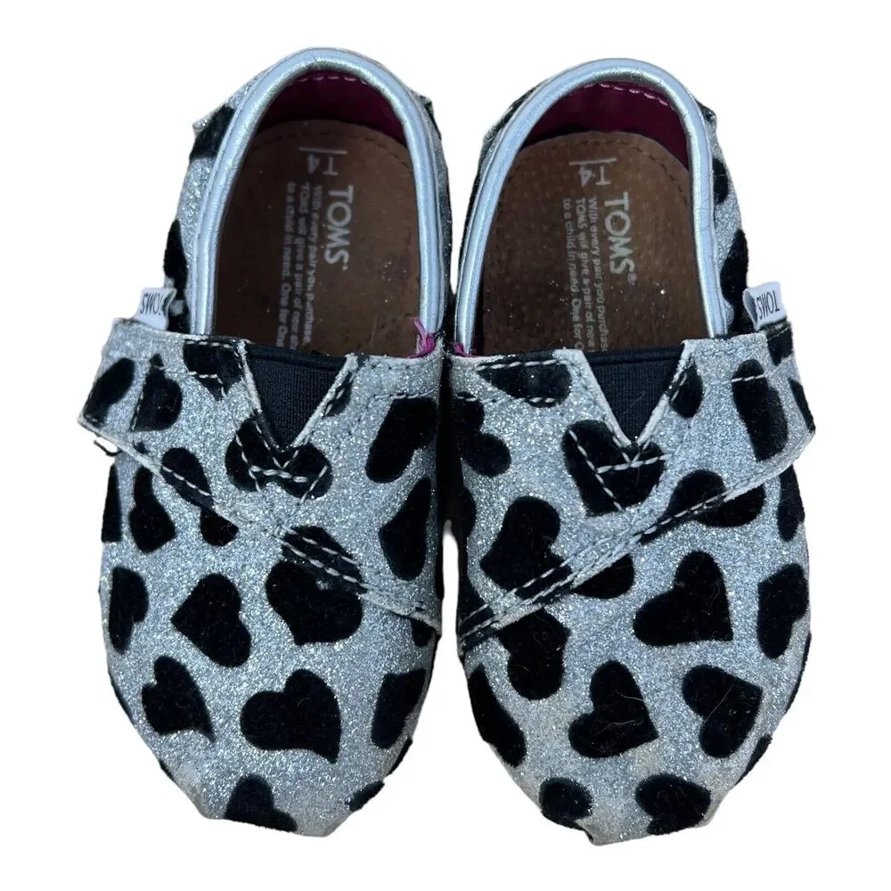 Toms Classic Silver Hearts Silver and Black Toddler Sz. 4 Shoes